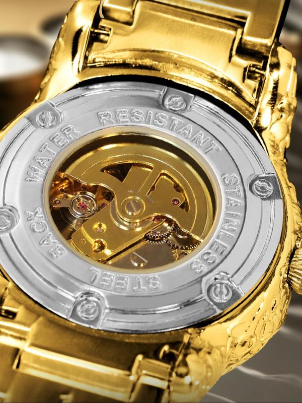 Men's Vintage Dragon Engraving Hollow Out Design Mechanical Watch, Fashion Watch for Party, Daily Clothing Decor, Trendy All-match & Exquisite Watch for Birthday Gift with Box