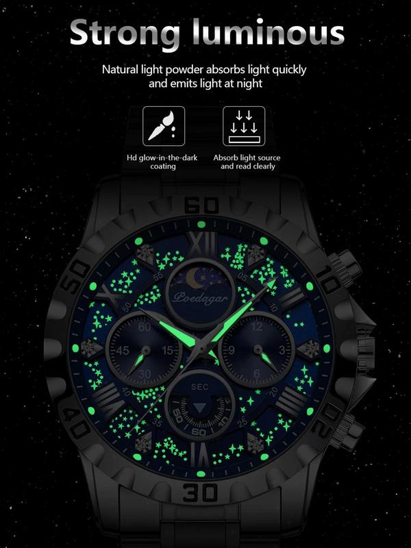 Men's Business Fashion Rhinestone Decor Round Dial Analog Quartz Watch, Waterproof Luminous Stainless Steel Chronograph Men's Watch, with Box