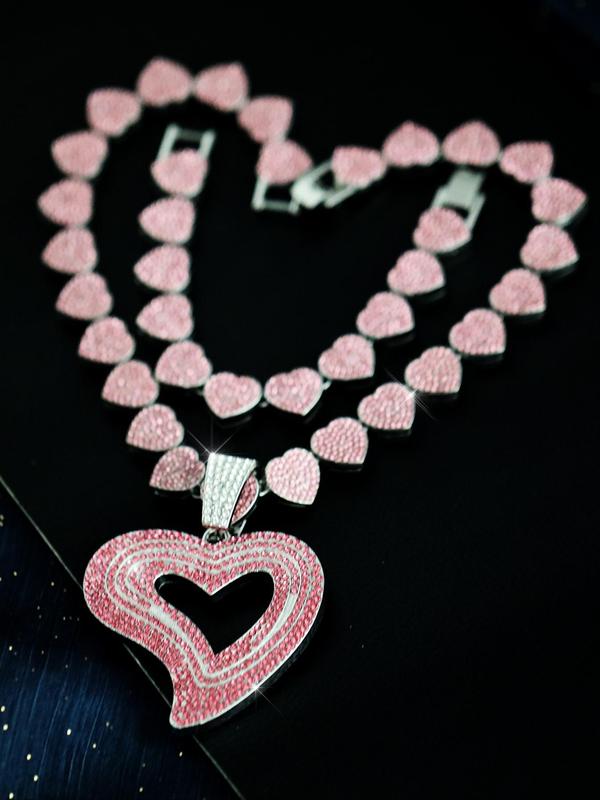 Rhinestone Decorated Heart Shaped Pendant & Chain Necklace & Bracelet, Punk Rock Inspired Jewelry for Lovers, Fashion Accessories for Party, Daily Clothing