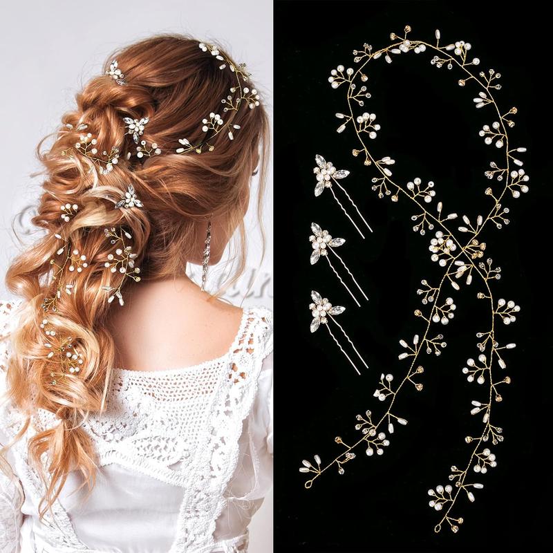 Wedding Hair Bridal Hair Accessories Pieces for Brides Hair Vine Crystal Extra Long Pearl and Beads Bridal Hair Vine Headband Head Pieces for Women and Girls