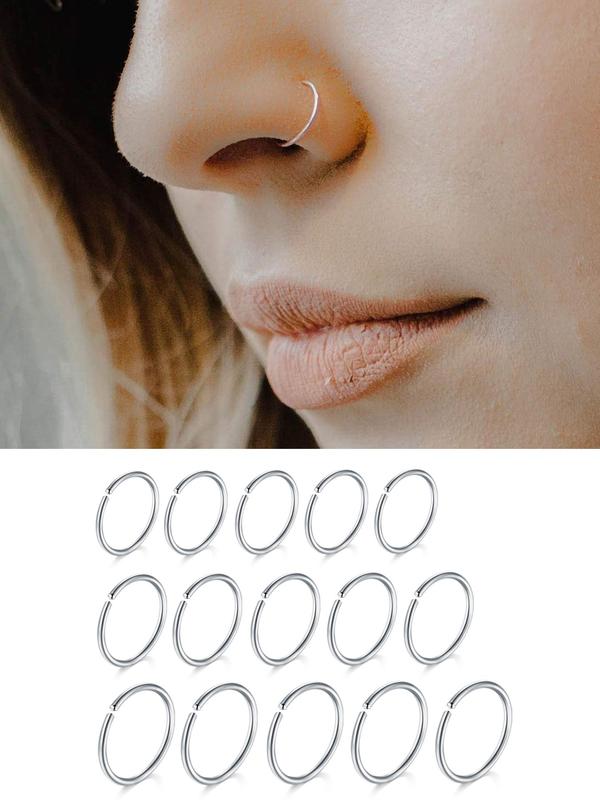 15pcs set Plain simple Stainless Steel Nose Ring, Classic popular Cuff Nose Ring, Fashion Body Piercing Jewelry Accessories for Women and Men