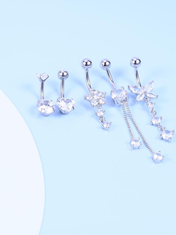 Casual Rhinestone Decor Butterfly & Flower & Heart Design Belly Button Ring, Navel Piercing Body Jewelry Kit, Classic Fashion Accessories for Party, Club