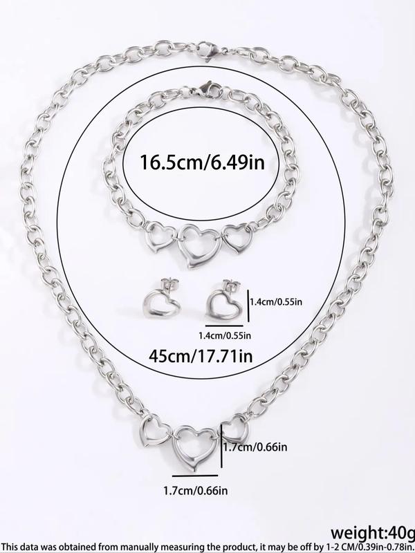 2024 Fall Stainless Steel Heart Design Chain Link Vintage Jewelry Sets, Love Necklace & Charm Matching Bracelet & Stud Earrings, Ot Buckle Chunky Chain for Fall Holiday Gifts for Girlfriends