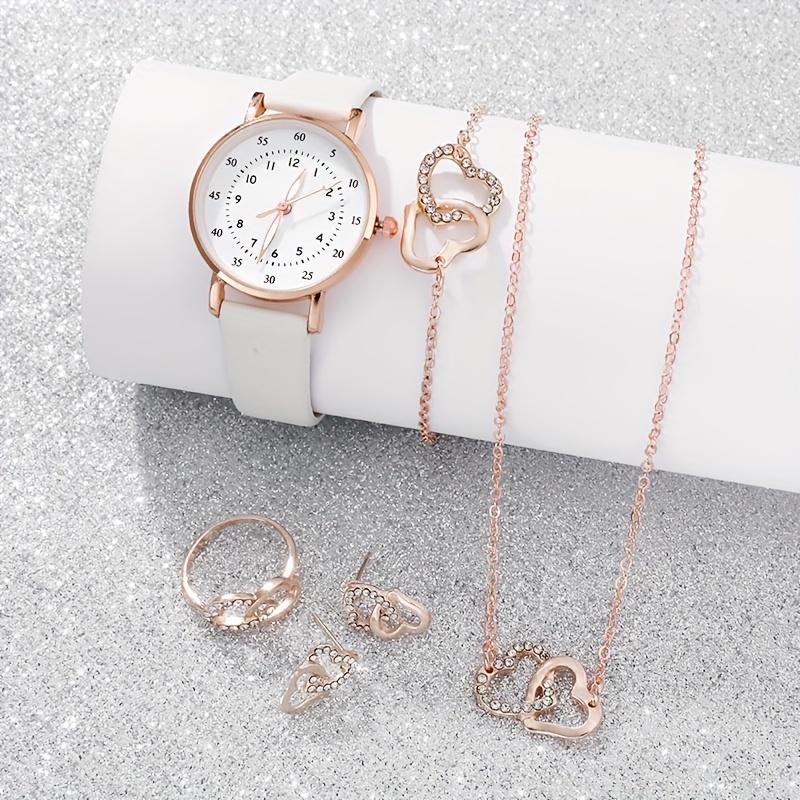 6 Pcs set Women Watch Casual round Pointer Quartz Watch Analog PU Leather Watch and Jewelry Suit, Gift for Mom