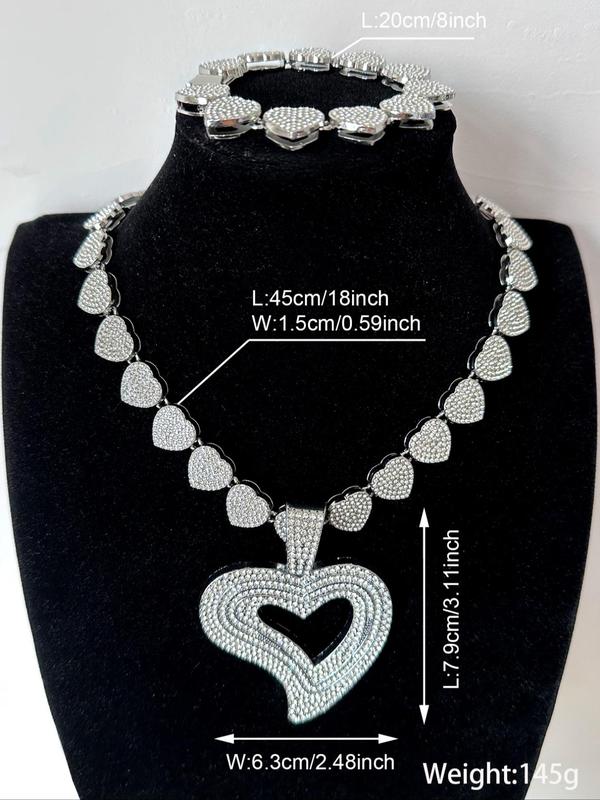 Rhinestone Decorated Heart Shaped Pendant & Chain Necklace & Bracelet, Punk Rock Inspired Jewelry for Lovers, Fashion Accessories for Party, Daily Clothing