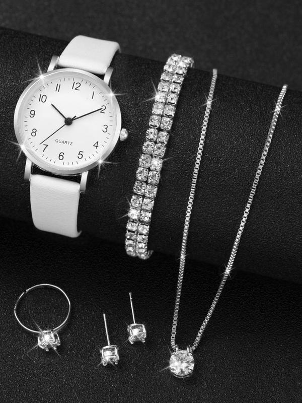 6pcs Women's Elegant Fashion Rhinestone Decorated Pu Leather Strap Quartz Watch, with Pendant Necklace, Earrings & Ring & Bracelet Jewelry Set, Without Box for Women & Girls for Gift