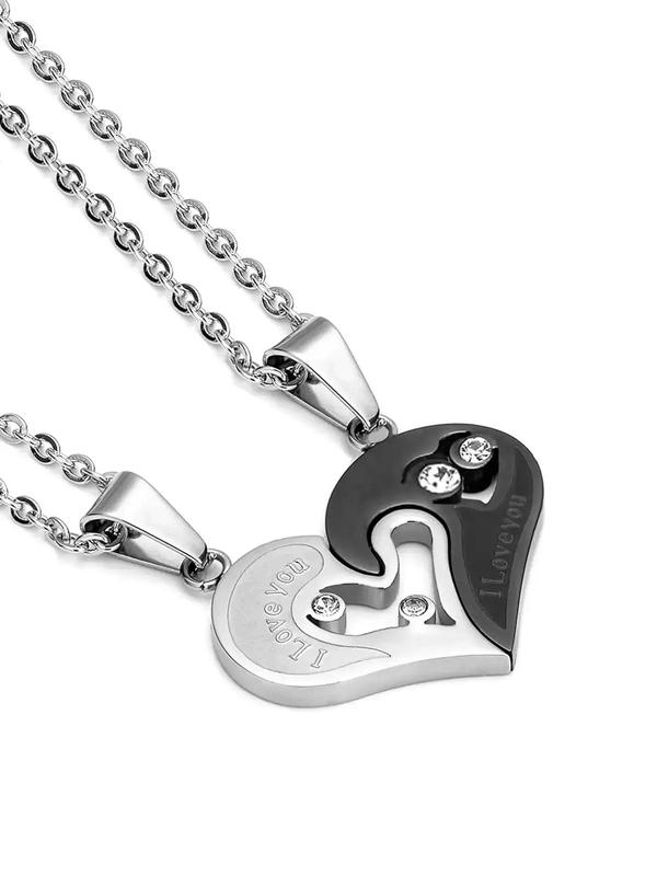 Couple Puzzle Heart Design Pendant Necklace & Bracelet, Rhinestone & Letter Decor Jewelry Set, Fashion Accessories for Women & Men, Gift for Couple