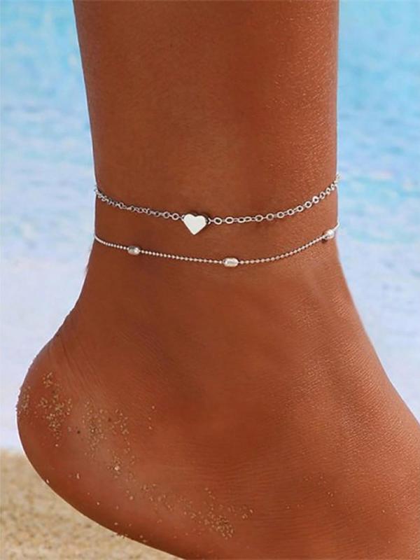 Fashion Heart Decorated Double Layer Anklet for Women, Summer Beach Jewelry for Vacation for Party, Minimalist Romantic Aesthetic Jewelry Gift