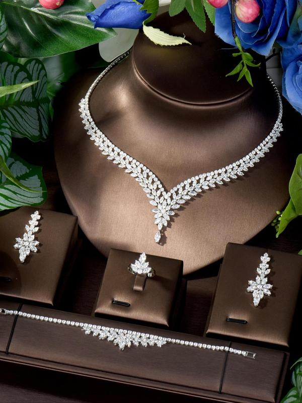 Women's Elegant Rhinestone Decorated Jewelry Set, Exquisite Trendy Necklace & Bracelet & Earrings & Ring Set, Chic Jewelry Set for Party & Wedding Decor