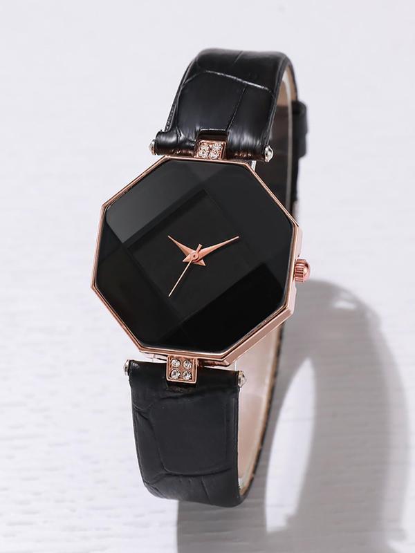 Women's Minimalist Fashion Rhombus Dial Plain Watch  without Box, Rhombus Dial Watch, with Beaded Bracelet Set & Leather Strap Watch, Exquisite Gift