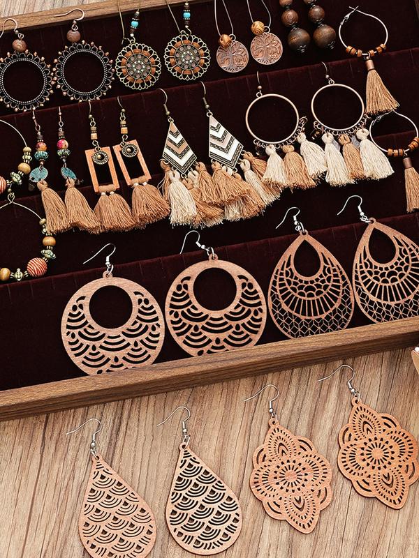 Vintage Boho Style Jewelry Set, Including Hollow Out Wooden Earrings, Bracelets, Tassel Decorated Earrings, Fashion Accessories for Women & Girls