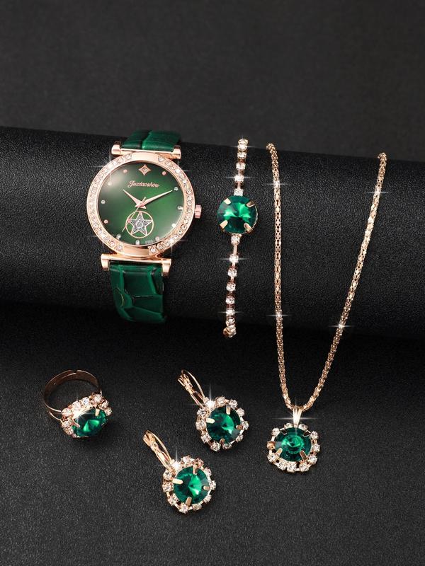 Women's Elegant Star & Rhinestone Decorated Round Dial Watch & Jewelry Set, Trendy Exquisite Wristwatch &  Earrings & Ring & Pendant Necklace & Bracelet, Gorgeous Watch Set As Gift without Box