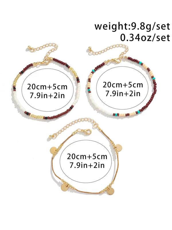 Boho Style Beaded Anklet (3pcs), 2024 New Style Adjustable Beaded Chain Anklet for Women & Girls, Fashionable Body Jewelry for Beach Party Vacation