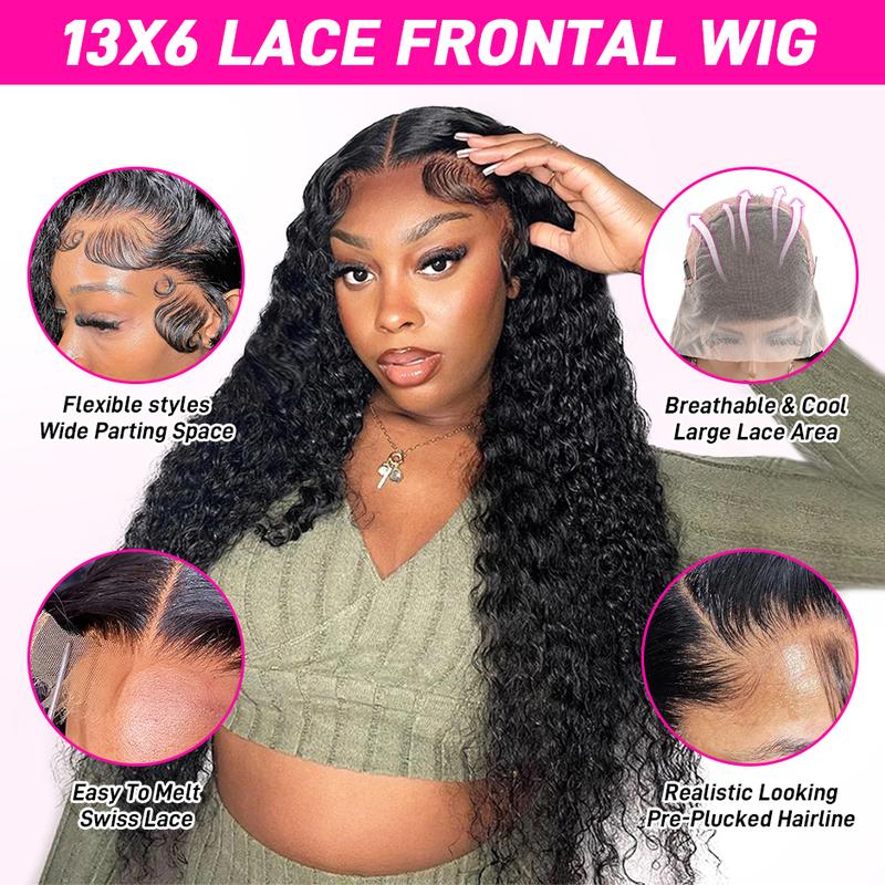 Holiday Haul Deal MORE FACE Deep Wave 13x6 13x4 Transparent Lace Front Human Hair Wig - PrePlucked with Baby Hair, Black, Heat Resistant