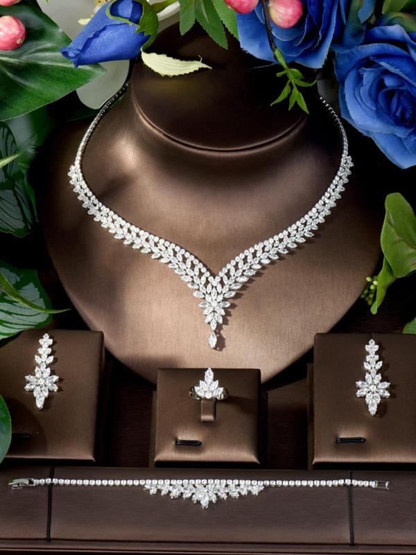 Women's Elegant Rhinestone Decorated Jewelry Set, Exquisite Trendy Necklace & Bracelet & Earrings & Ring Set, Chic Jewelry Set for Party & Wedding Decor