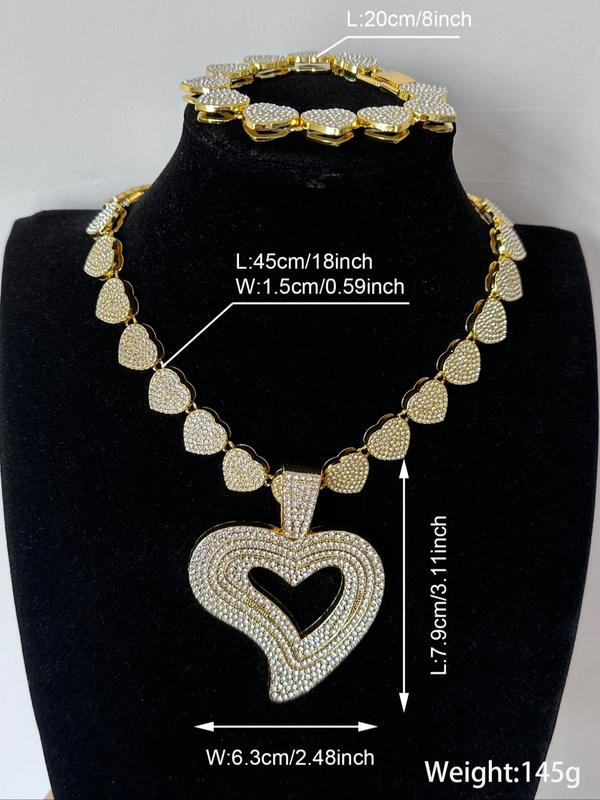 Rhinestone Decorated Heart Shaped Pendant & Chain Necklace & Bracelet, Punk Rock Inspired Jewelry for Lovers, Fashion Accessories for Party, Daily Clothing