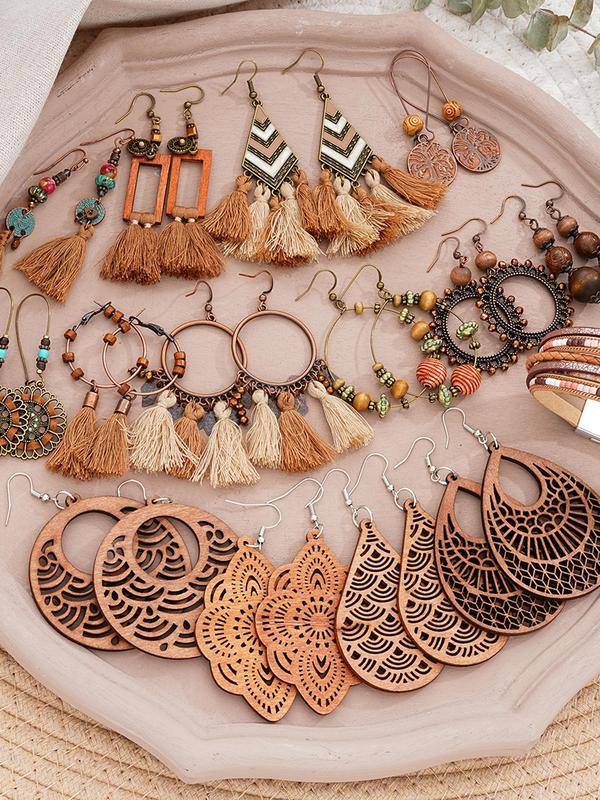 Vintage Boho Style Jewelry Set, Including Hollow Out Wooden Earrings, Bracelets, Tassel Decorated Earrings, Fashion Accessories for Women & Girls