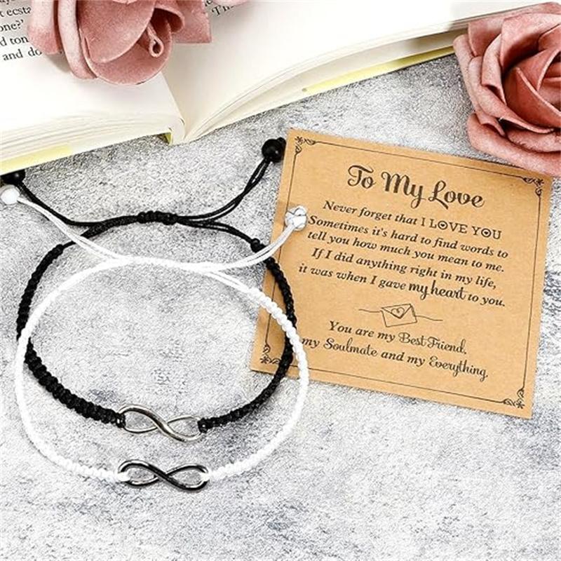 2 Set Stainless Steel 8 Infinity Couple Bracelet Braided Leather Rope Bangle Wrist Adjustable Chain Fit 7-9 Inch for Lover Friendship