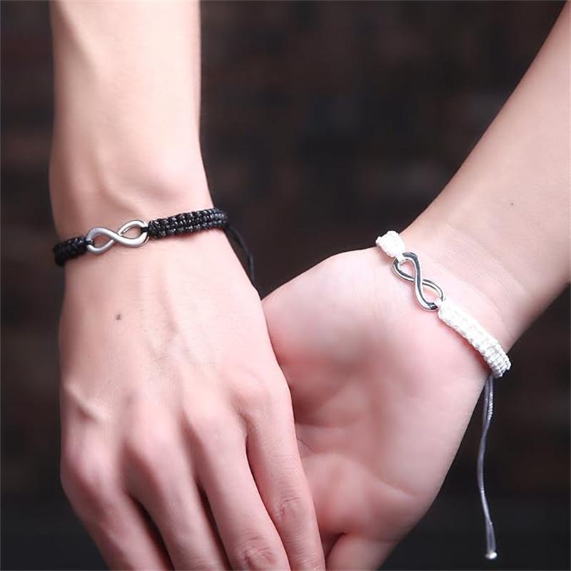 2 Set Stainless Steel 8 Infinity Couple Bracelet Braided Leather Rope Bangle Wrist Adjustable Chain Fit 7-9 Inch for Lover Friendship