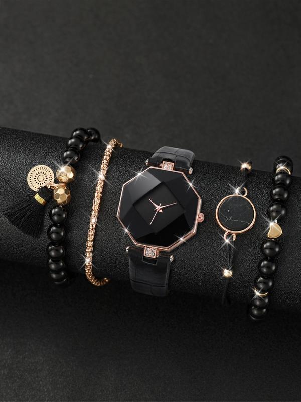 Women's Minimalist Fashion Rhombus Dial Plain Watch  without Box, Rhombus Dial Watch, with Beaded Bracelet Set & Leather Strap Watch, Exquisite Gift