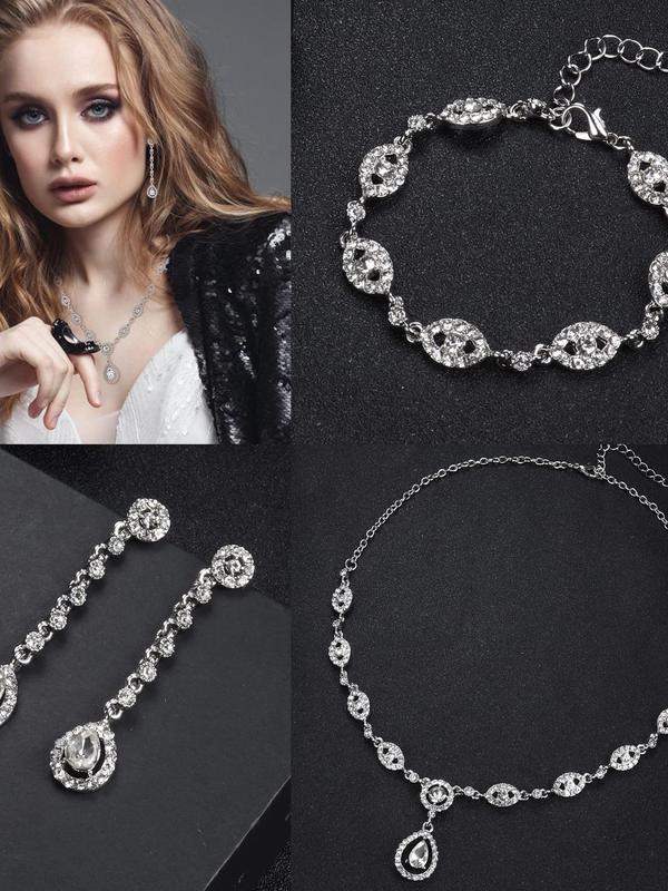 Women's Elegant Rhinestone Decor Jewelry Set (4pcs set), Exquisite Trendy Pendant Necklace & Dangle Earrings & Bracelet, Fashionable Luxury Jewelry Set for Party Decoration