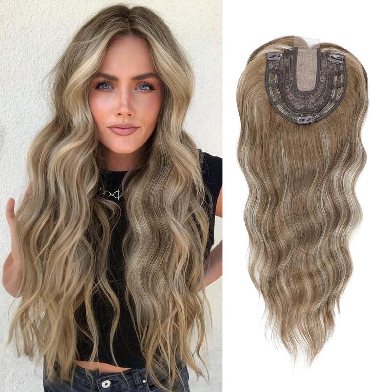 Hair Toppers for Women 20 Inch Wavy Hair Toppers for Women Toppers Hair Pieces for Women with Thinning Hair Ombre Highlight Synthetic Wig Clip In Hair Topper Wiglets with Fringe Bang Add Hair Volume