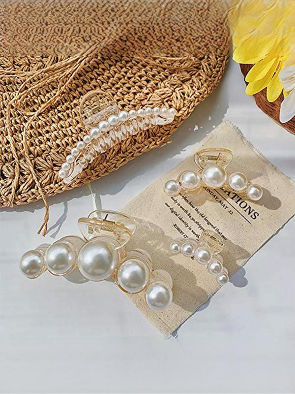 4pcs Elegant Faux Pearl Decorated Hair Claw for Women, Minimalist Headwear Suitable for Thick Hair, Fashion Hair Accessories for Party, Daily Clothing Decor