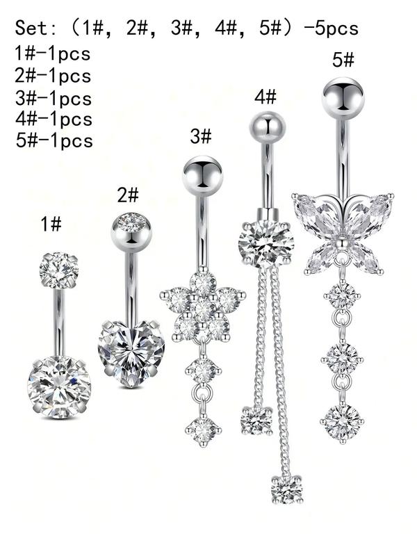 Casual Rhinestone Decor Butterfly & Flower & Heart Design Belly Button Ring, Navel Piercing Body Jewelry Kit, Classic Fashion Accessories for Party, Club