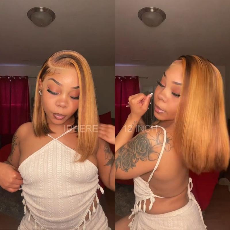 IDHERE 4 27 Highlight Color Honey Blonde Bob Straight Water Wave Wig 13x4 HD Transparent Lace Front Affortable Human Hair Wigs Tiny Knot Pre Plucked For Black Women Beginner Friendly Wig