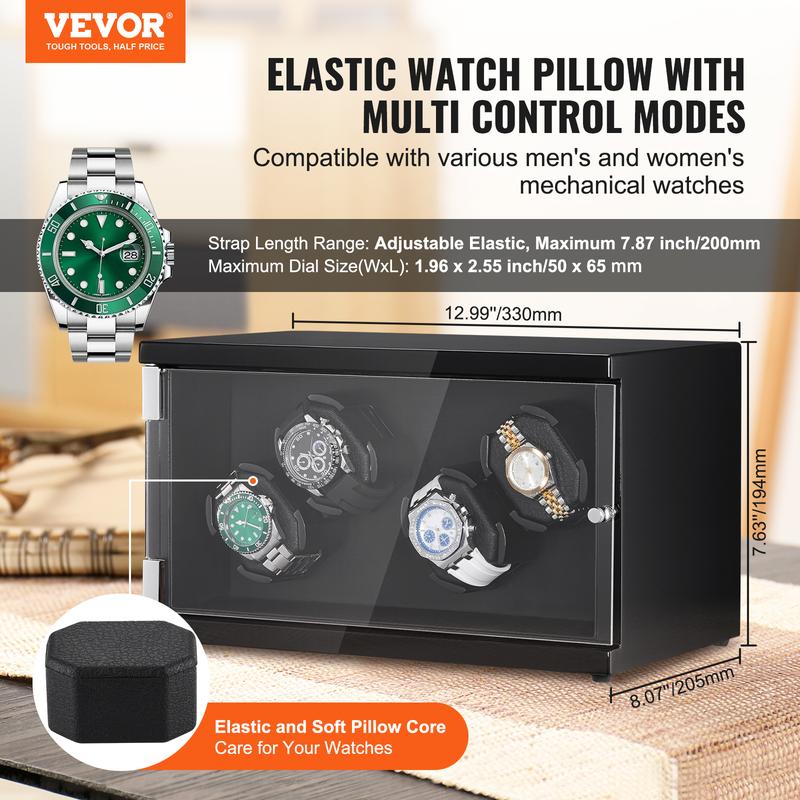 VEVOR Watch Winder, Watch Winder for 4 Men's and Women's Automatic Watches, with 2 Super Quiet Japanese Mabuchi Motors, Blue LED Light and Adapter, High-Density Board Shell and Black PU