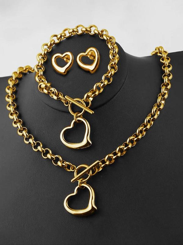 2024 Fall Stainless Steel Heart Design Chain Link Vintage Jewelry Sets, Love Necklace & Charm Matching Bracelet & Stud Earrings, Ot Buckle Chunky Chain for Fall Holiday Gifts for Girlfriends