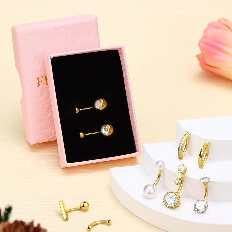 9 Pcs Gold Belly Button Ring Surgical Stainless Steel Belly Rings CZ Opal Pearl Belly Button Ring Clicker Belly Piercings for Women Navel Piercings Pack Silver Gold