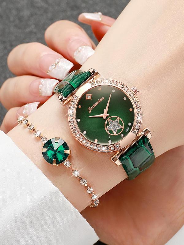 Women's Elegant Star & Rhinestone Decorated Round Dial Watch & Jewelry Set, Trendy Exquisite Wristwatch &  Earrings & Ring & Pendant Necklace & Bracelet, Gorgeous Watch Set As Gift without Box