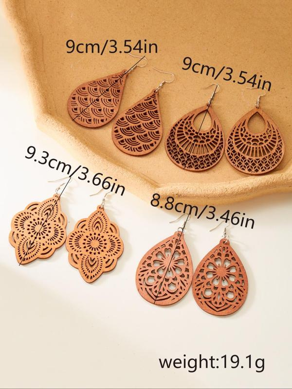 Boho Hollow Out Design Wooden Dangle Earrings for Women, 90s Vintage Style Water Drop Ear Piercing Vintage Jewelry, Cute Accessories for Party, Daily Decor, Fall Outfits, Earthtone Fall Freshness