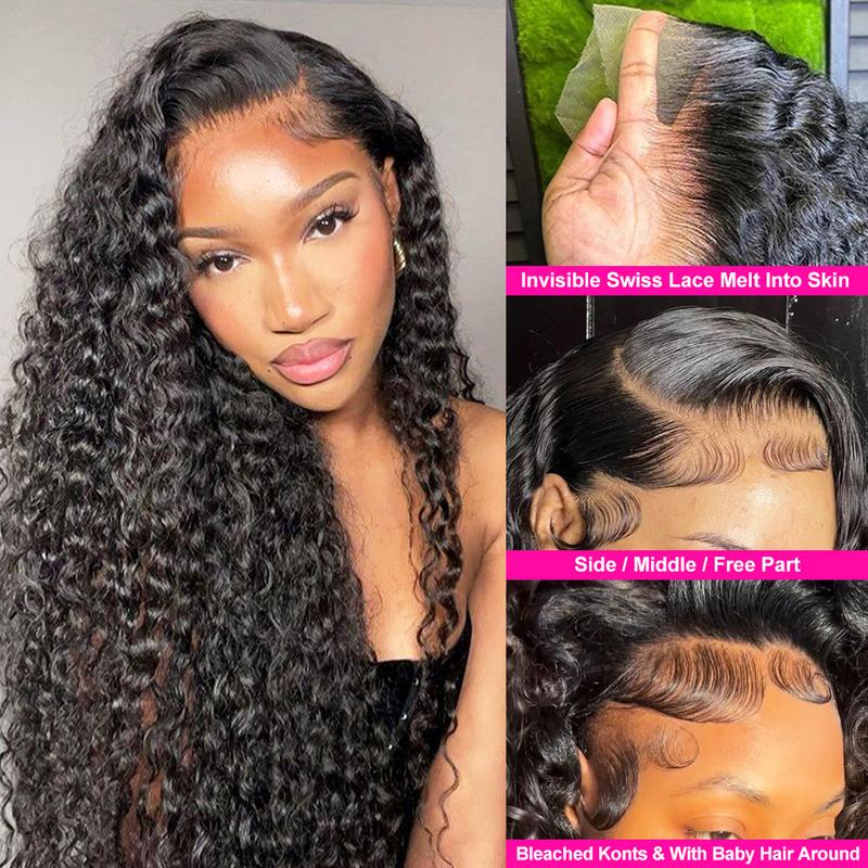 Holiday Haul Deal MORE FACE Deep Wave 13x6 13x4 Transparent Lace Front Human Hair Wig - PrePlucked with Baby Hair, Black, Heat Resistant