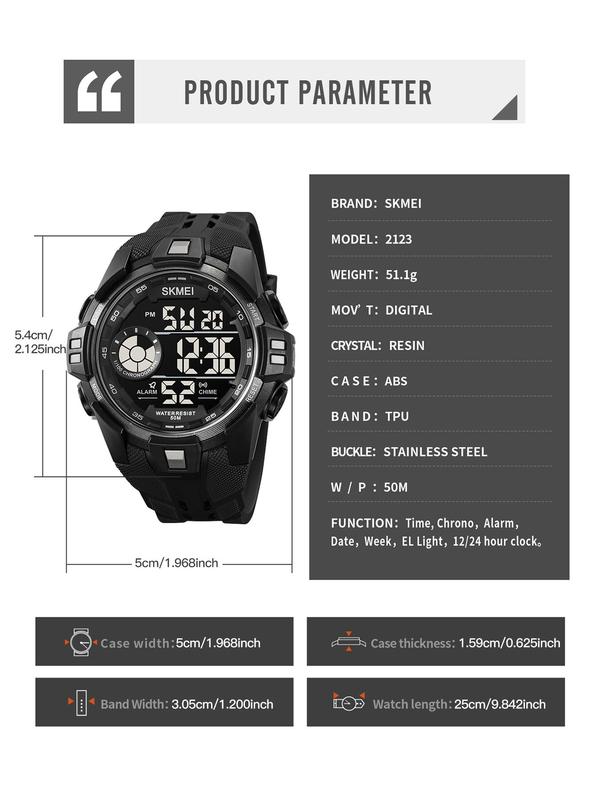 Men's Fashion Digital Watch, Casual Sporty Digital Watch with Luminous Dial & Alarm, Waterproof Watch with Digital Display for Men