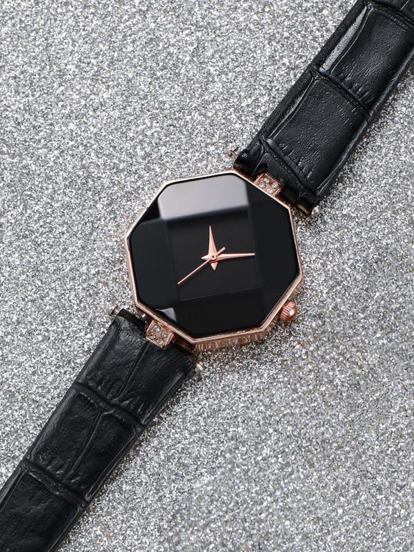 Women's Minimalist Fashion Rhombus Dial Plain Watch  without Box, Rhombus Dial Watch, with Beaded Bracelet Set & Leather Strap Watch, Exquisite Gift