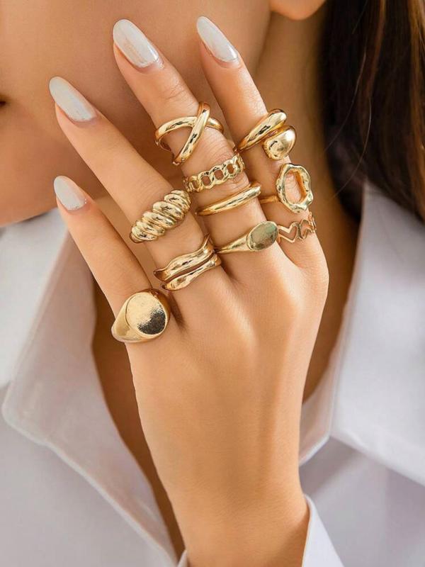 Women's Minimalist Rings Set, Hollow Out Heart & Chain & Twist Design Adjustable Vintage Rings, Elegant All-match Fashion Accessories for Daily Wear