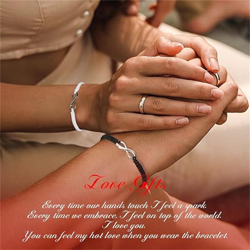 2 Set Stainless Steel 8 Infinity Couple Bracelet Braided Leather Rope Bangle Wrist Adjustable Chain Fit 7-9 Inch for Lover Friendship