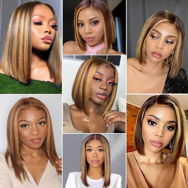 IDHERE 4 27 Highlight Color Honey Blonde Bob Straight Water Wave Wig 13x4 HD Transparent Lace Front Affortable Human Hair Wigs Tiny Knot Pre Plucked For Black Women Beginner Friendly Wig