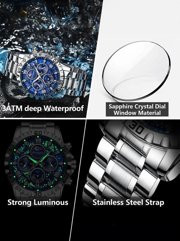 Men's Business Fashion Rhinestone Decor Round Dial Analog Quartz Watch, Waterproof Luminous Stainless Steel Chronograph Men's Watch, with Box