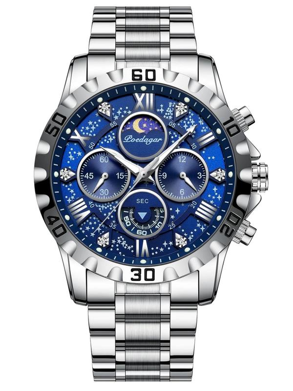 Men's Business Fashion Rhinestone Decor Round Dial Analog Quartz Watch, Waterproof Luminous Stainless Steel Chronograph Men's Watch, with Box