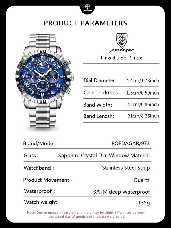 Men's Business Fashion Rhinestone Decor Round Dial Analog Quartz Watch, Waterproof Luminous Stainless Steel Chronograph Men's Watch, with Box