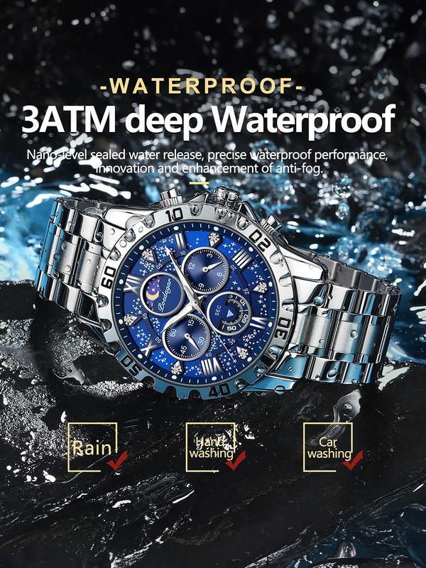 Men's Business Fashion Rhinestone Decor Round Dial Analog Quartz Watch, Waterproof Luminous Stainless Steel Chronograph Men's Watch, with Box