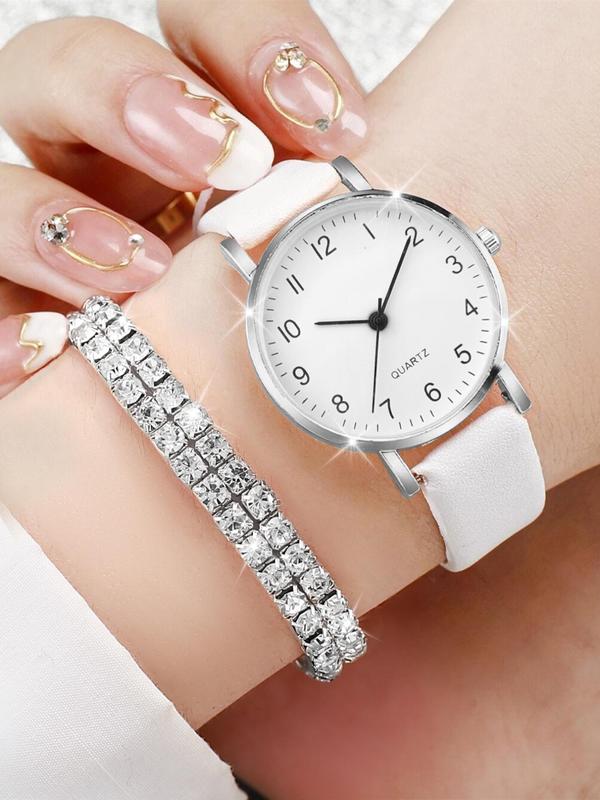 6pcs Women's Elegant Fashion Rhinestone Decorated Pu Leather Strap Quartz Watch, with Pendant Necklace, Earrings & Ring & Bracelet Jewelry Set, Without Box for Women & Girls for Gift