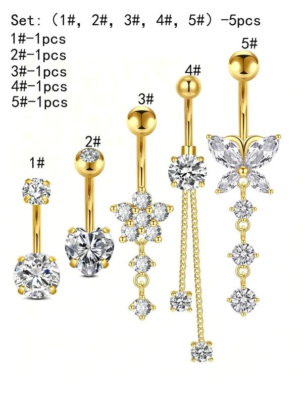 Casual Rhinestone Decor Butterfly & Flower & Heart Design Belly Button Ring, Navel Piercing Body Jewelry Kit, Classic Fashion Accessories for Party, Club