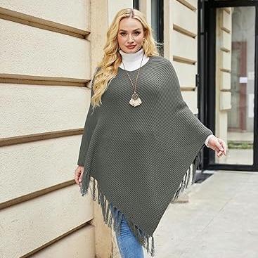 2024 US Black Friday IN'VOLAND Women's Knitted Shawl Poncho with Fringed Capelet V-Neck Striped Sweater Pullover Cape