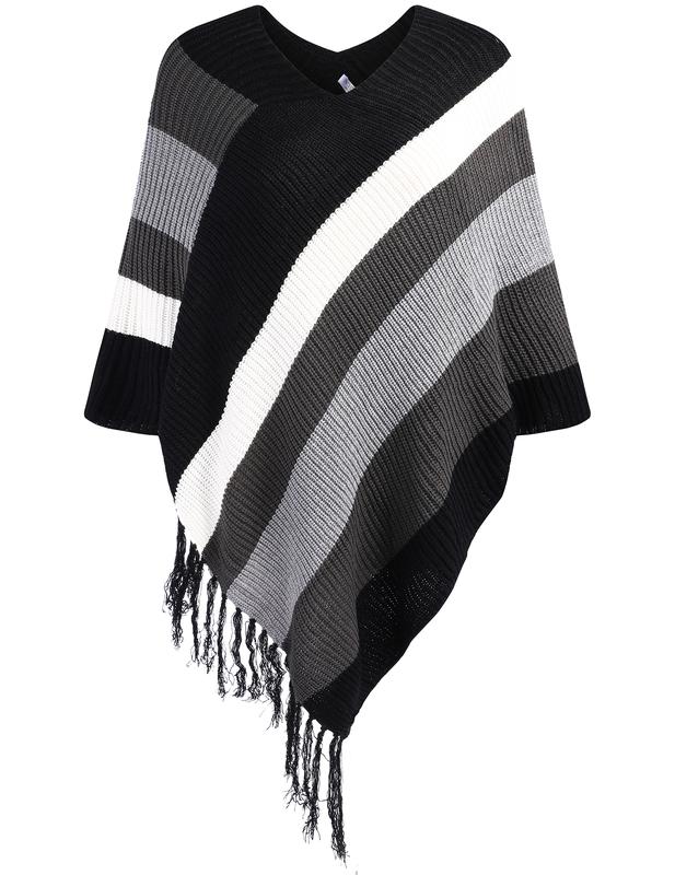 2024 US Black Friday IN'VOLAND Women's Knitted Shawl Poncho with Fringed Capelet V-Neck Striped Sweater Pullover Cape