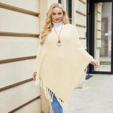 2024 US Black Friday IN'VOLAND Women's Knitted Shawl Poncho with Fringed Capelet V-Neck Striped Sweater Pullover Cape