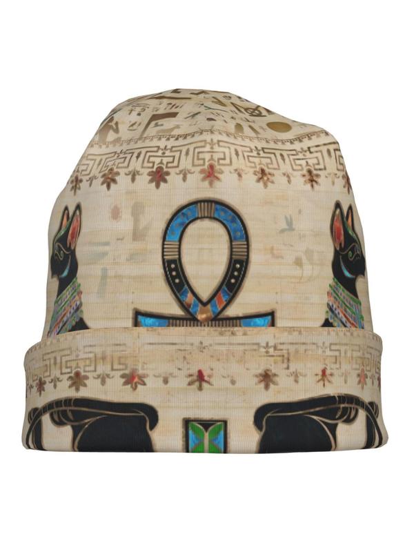 Cute Egyptian Cat & Ankh Cross Pattern Beanie Cap,  Casual Outdoor Sports Hat for Men & Women, Elegant All-match Fashion Accessories for Daily Wear Men Women